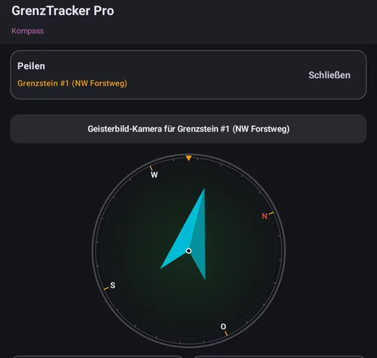 Kompass mit Pfeil zum Grenzstein, Entfernung 26,8 Meter